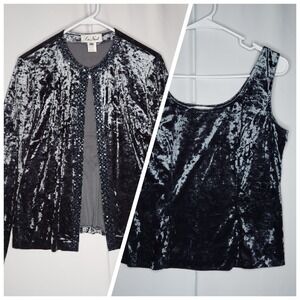 La Nuit Crushed Velvet Beaded Cardigan Top Set Women Medium Gray Glam Party